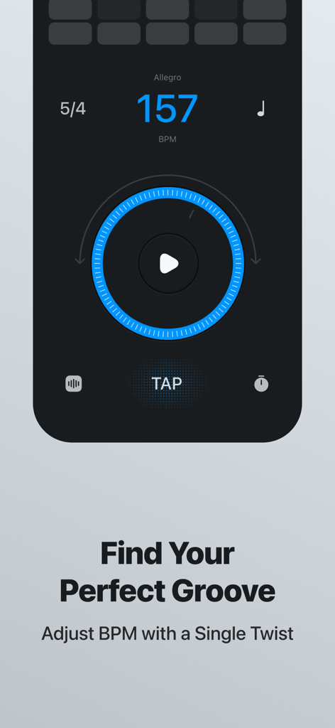 Metronome - BPM Counter - Metronome app interface showing 157 BPM with a blue circular dial for tempo adjustment