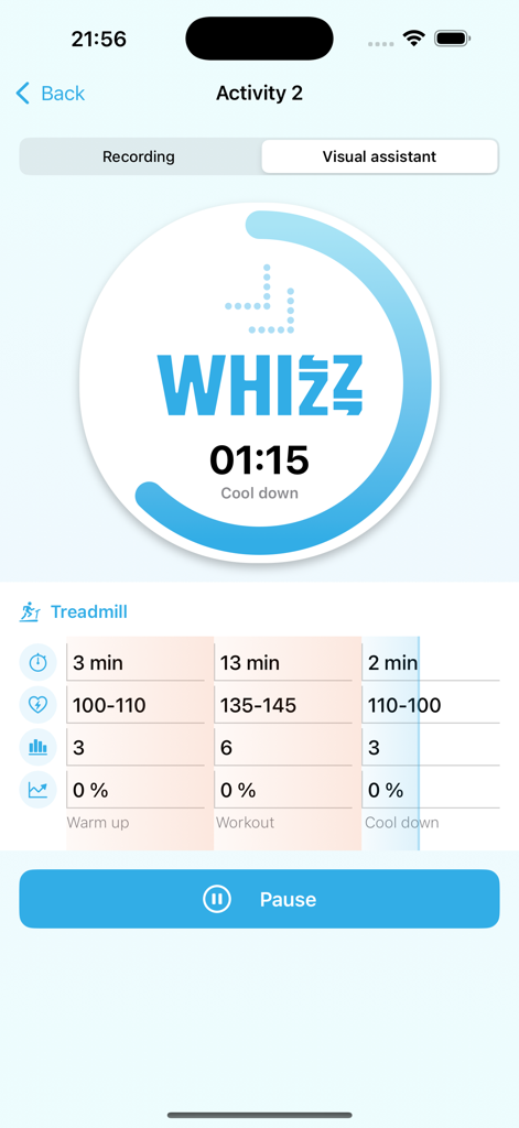 Panel de la aplicación Whizz que muestra un entrenamiento en cinta de correr en vivo con estadísticas de frecuencia cardíaca e intensidad.