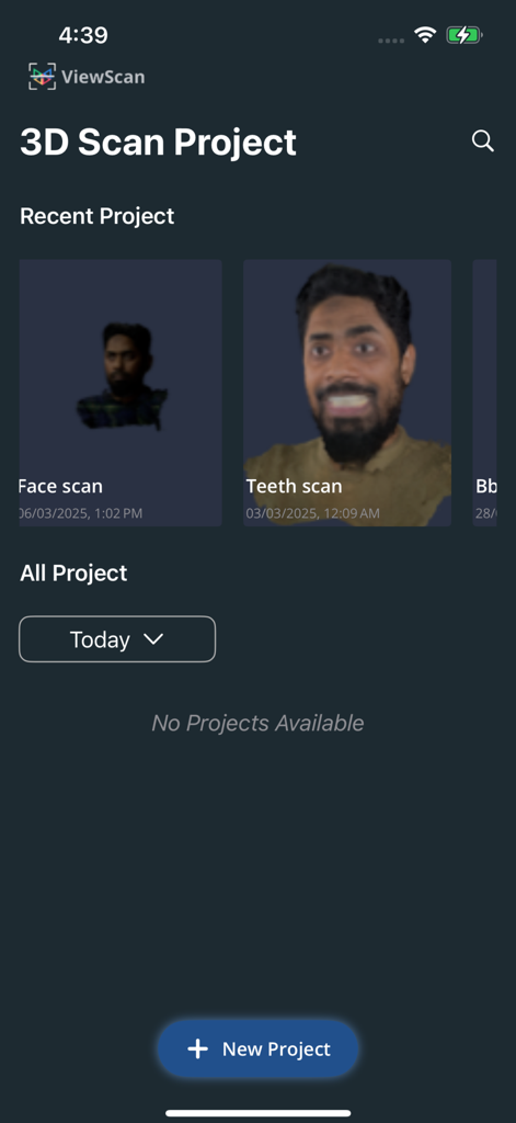 Die ViewScan-App-Oberfläche zeigt eine Liste aktueller 3D-Gesichts- und Zahnscans mit einer Schaltfläche zum Starten eines neuen Projekts.