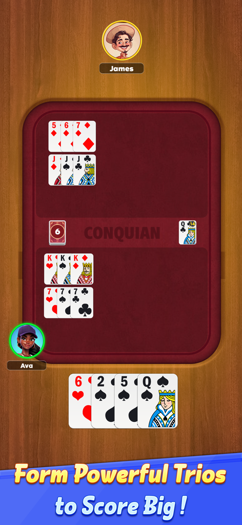 Conquian Card Game - Interfaz de juego del Conquian que muestra combinaciones de cartas y avatares de jugadores