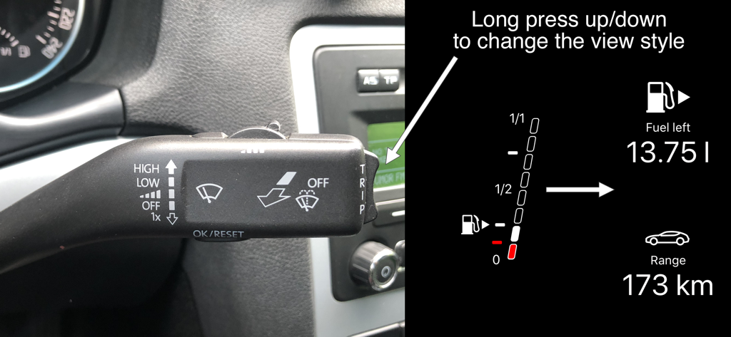 VAG Virtual Cockpit ELM327 OBD - Digital dashboard app showing fuel and range data controlled by car trip buttons