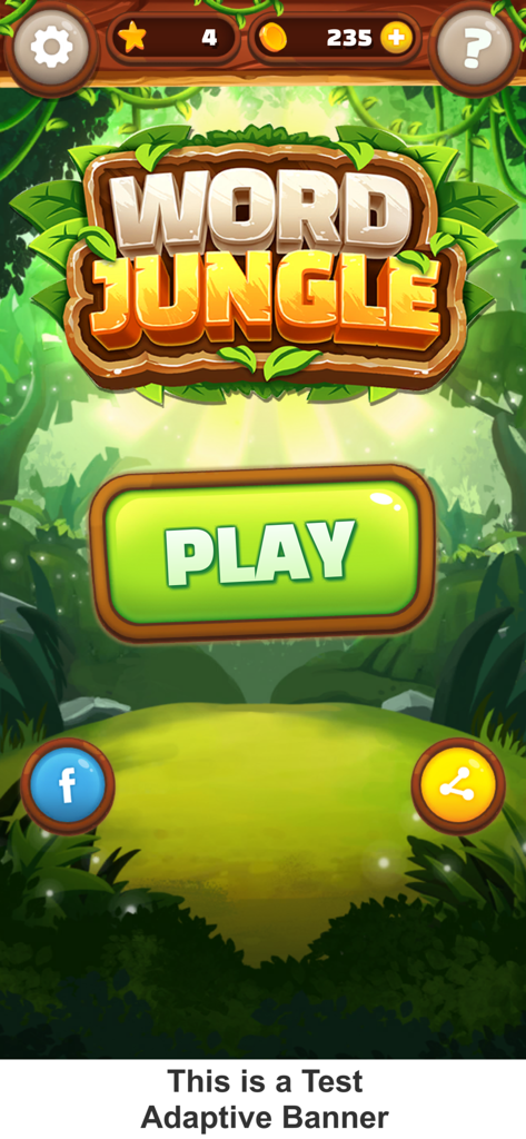 Main menu of Word Jungle word puzzle game showing the logo and a green play button in a jungle setting.
