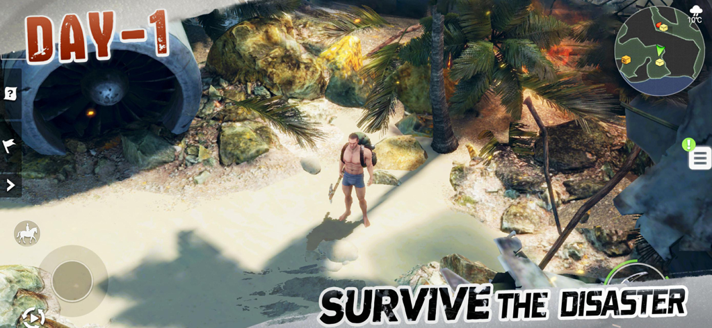 A survivor standing next to a jet engine from a plane crash on a deserted island beach in LOST in BLUE.