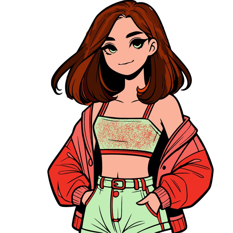 a realistic girl with a crop top and short shorts in an open jacket