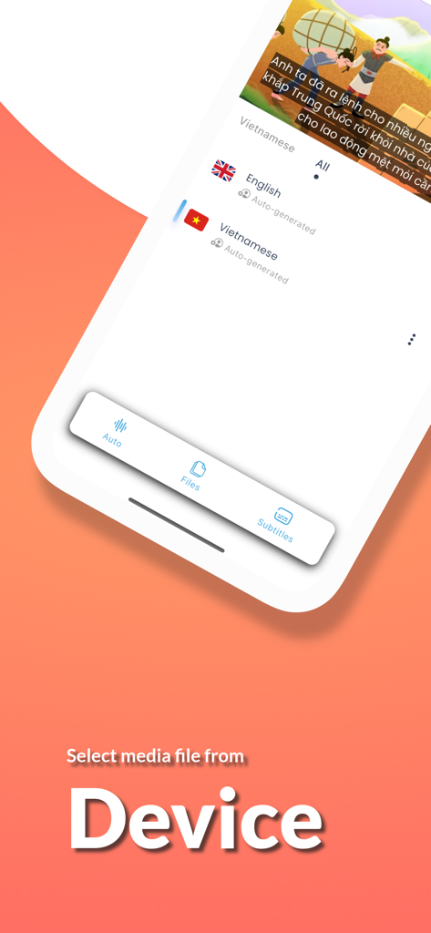 Subai - Subai app interface showing options to select a video or audio file from your device for AI translation.