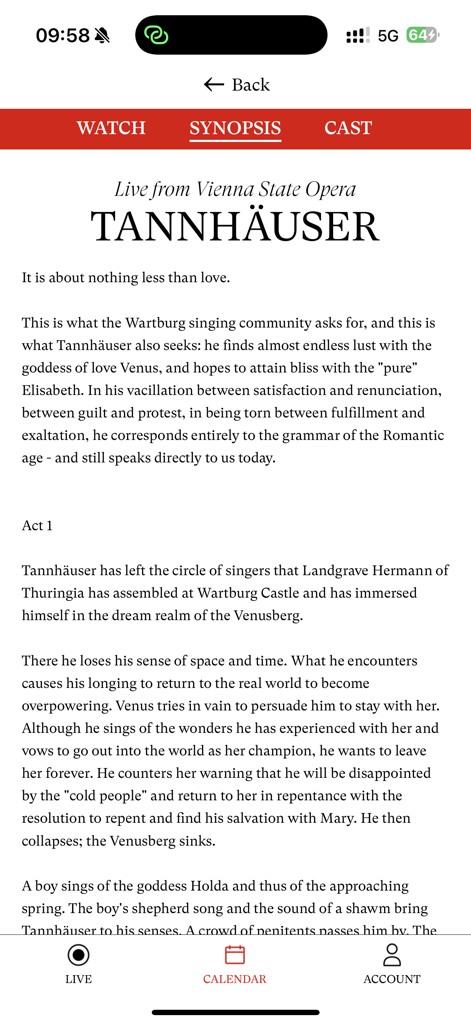 Zusammenfassung der Oper Tannhäuser in der Wiener Staatsoper Live App