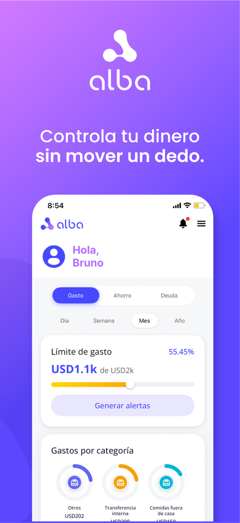 Alba AI - Interfaz de la aplicación móvil Alba AI que muestra un panel financiero personalizado con límites de gasto y categorías de gastos en español.
