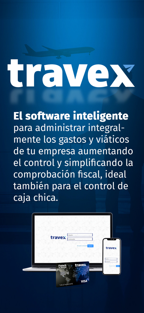 Travex - Travex business expense management platform displayed on laptop and smartphone with a corporate Visa card