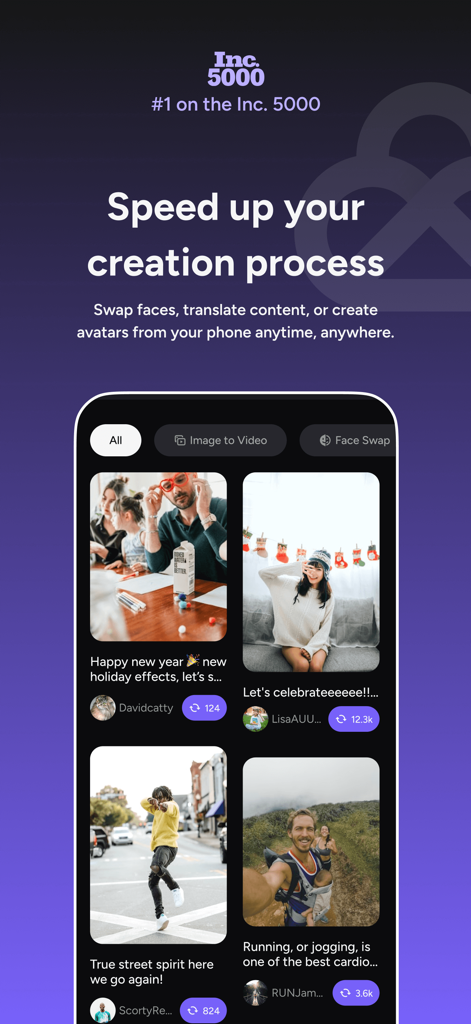Mobile app interface of Akool showing a feed of AI generated videos and the tagline speed up your creation process