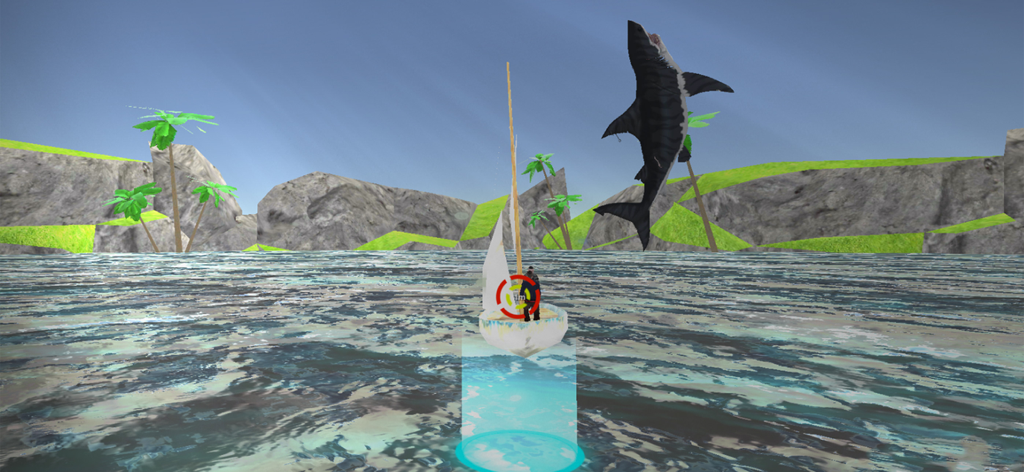 Shark Simulator 3D - A large shark leaping from the ocean to attack a person on a boat in a 3D simulation game