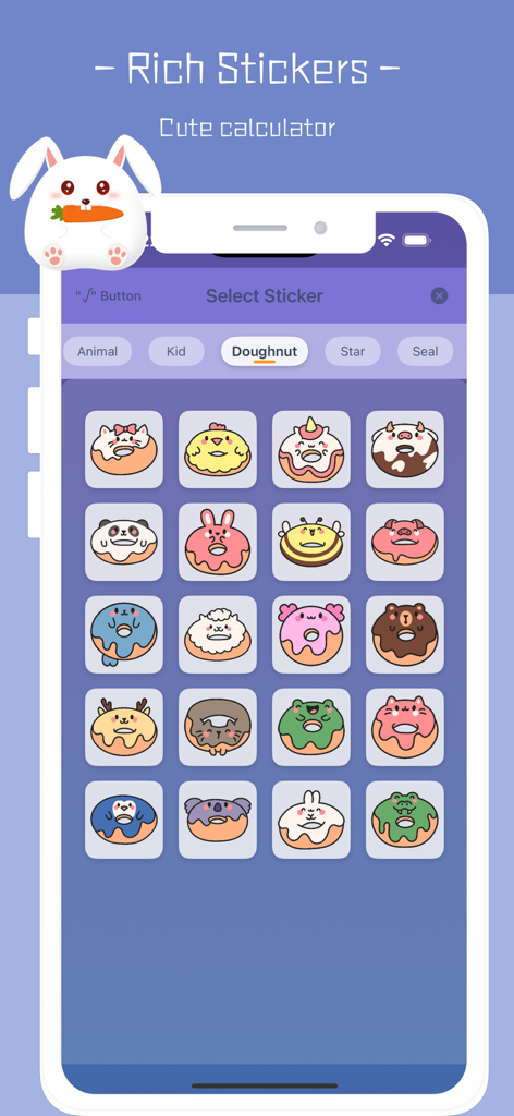 Calculator History - - 계산기 기록 앱의 메뉴에 인터페이스를 개인화할 수 있는 귀여운 도넛 모양 동물 스티커 컬렉션이 표시됩니다.