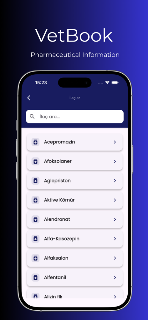 Vetbook app screenshot showing the veterinary drug search and pharmaceutical information list