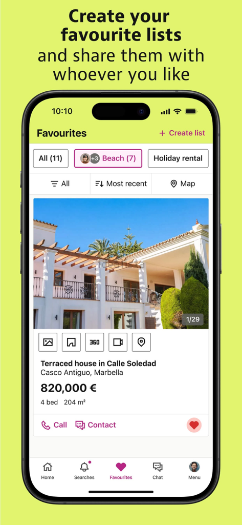 Idealista app interface showing the favorites feature with a property listing for a terraced house in Marbella