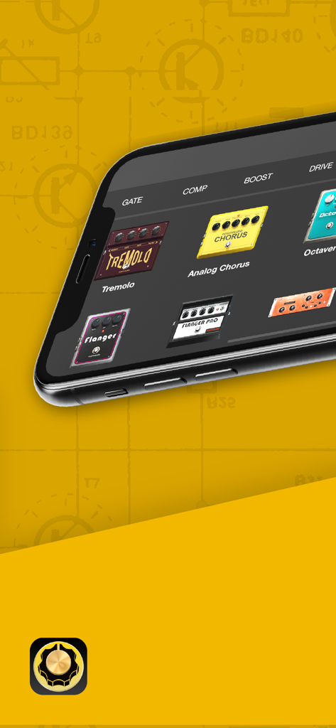 BIAS FX - Guitar Amp & Effects - Pantalla de smartphone mostrando una selección de pedales de efectos de guitarra realistas, incluyendo Tremolo y Analog Chorus en la aplicación BIAS FX