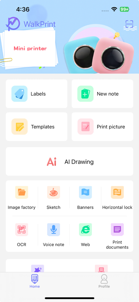 WalkPrint mobile app home screen showing features for labels, notes, templates, and document printing for portable thermal printers.