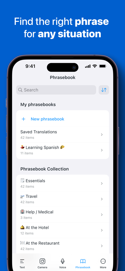 A screenshot of the iTranslate app showing the phrasebook feature with categorized travel and medical phrase collections.