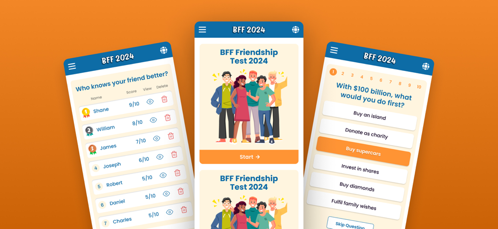 Bff Friendship Test - Screenshots of the BFF Friendship Test app showing a friend leaderboard and quiz questions