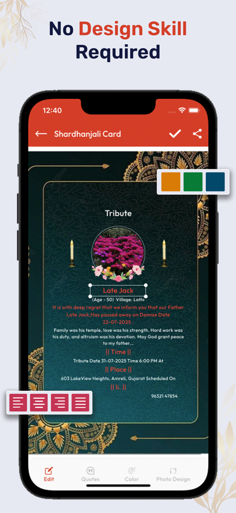Pixano - Business Post Maker - Graphic design interface in the Pixano app showing the creation of a Shardhanjali tribute card with color and text editing tools.