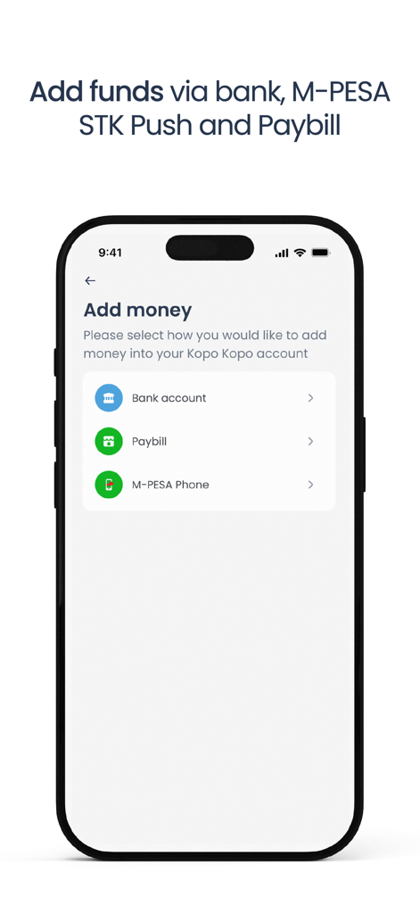 Kopo Kopo app interface showing options to add funds through bank account, Paybill, and M-PESA