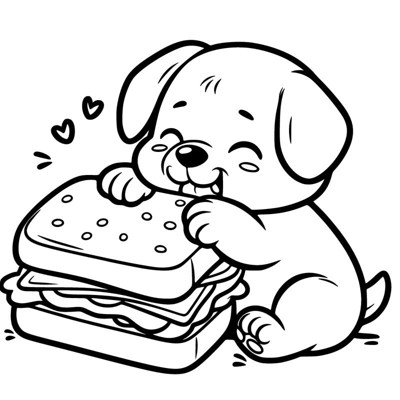 puppy trying to eat a large sandwich