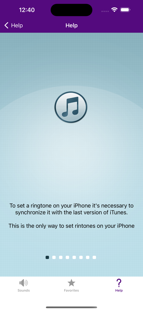 Notification Sounds Ringtones - Help screen in the Notification Sounds Ringtones app explaining how to sync with iTunes to set custom ringtones on iPhone