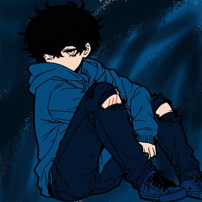 a male hoddie ripped jeans messy hair anime