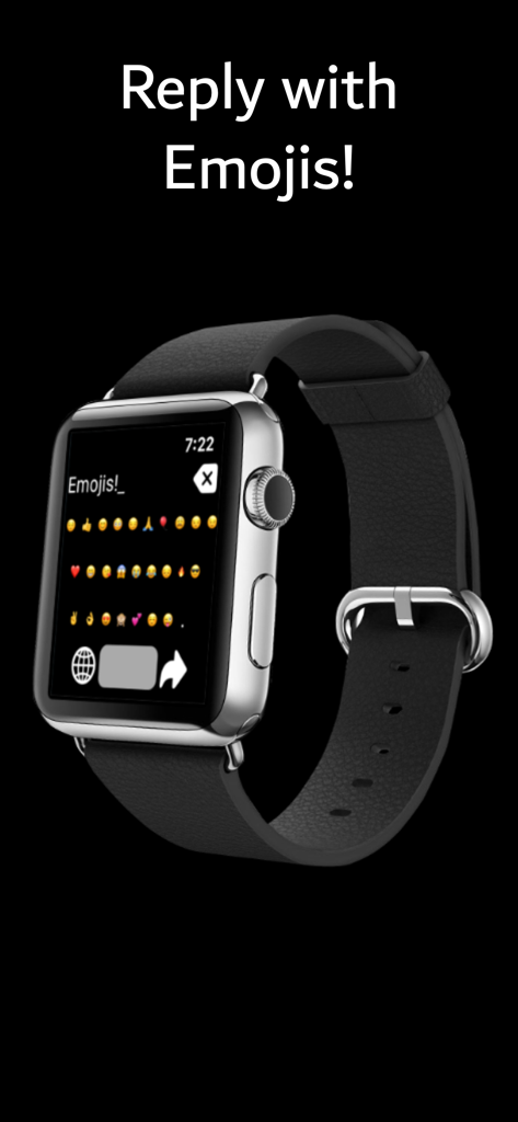 EasyType Keyboard for Watch - Tela de um Apple Watch exibindo o layout do teclado de emoji para mensagens rápidas com o aplicativo EasyType.