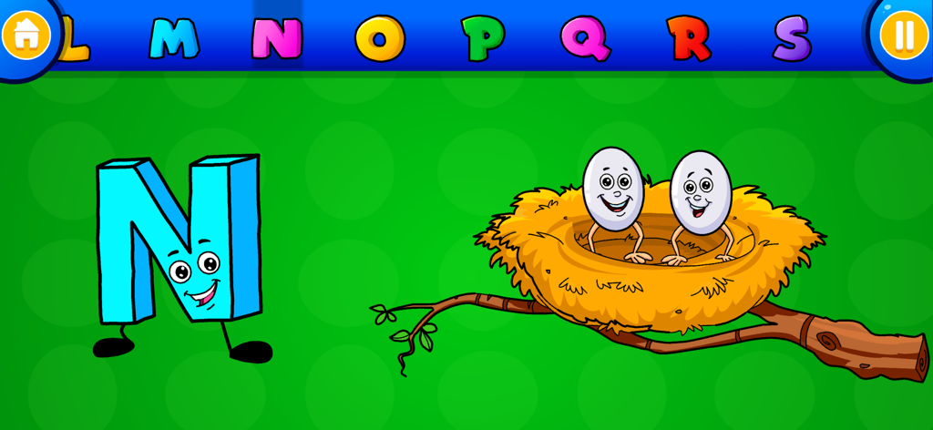 Cartoon letter N character next to a birds nest with smiling eggs on a tree branch