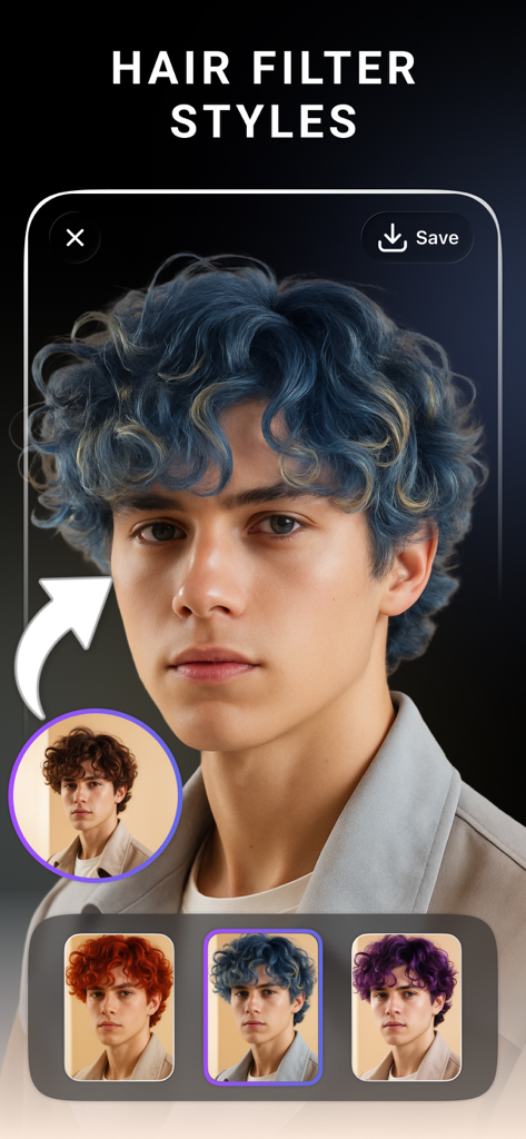 AI Hairstyle + - Un hombre usando un filtro de cabello IA para probar diferentes colores de cabello rizado como azul, rojo y morado