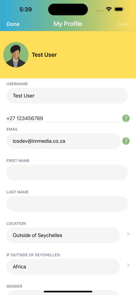 SBC Radio - User profile screen in the SBC Radio app displaying account information and location settings.