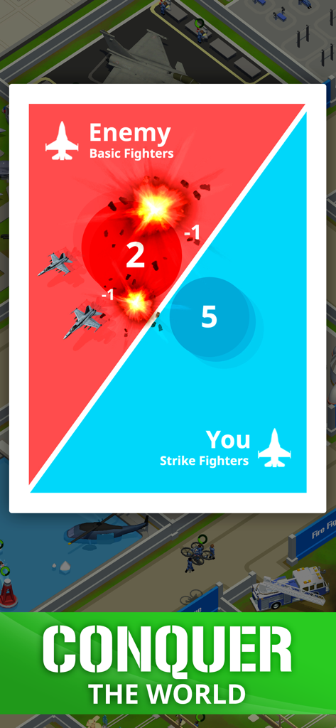 Idle Air Force Base - A strategic combat comparison screen in the Idle Air Force Base game showing player strike fighters versus enemy basic fighters