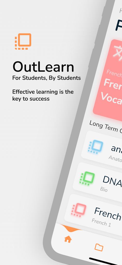 OutLearn: Spaced Repetition - OutLearn flashcards app interface showing study decks for DNA and French vocabulary