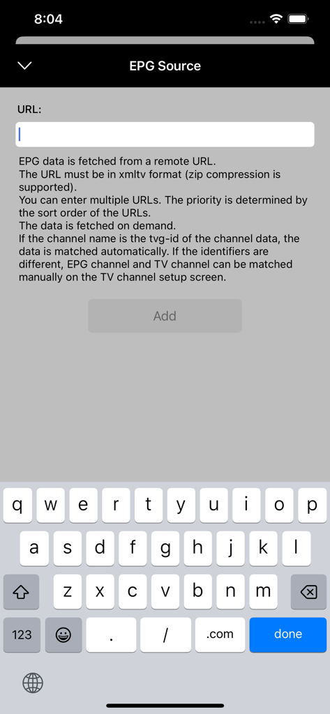 TV Set - Setup screen for adding an EPG source URL in the TV Set IPTV player app