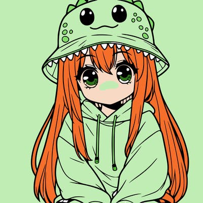 girl with anime shaped eyes with a dinosaur bucket hat oversized sweatshirt long straight hair