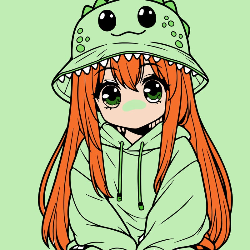 girl with anime shaped eyes with a dinosaur bucket hat oversized sweatshirt long straight hair