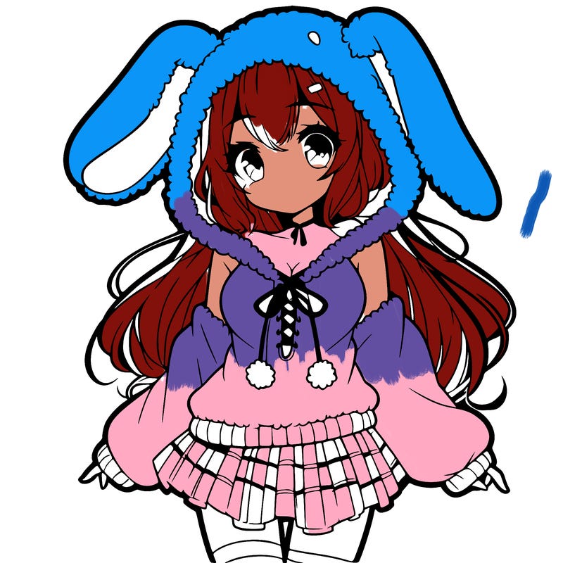 pretty anime girl wearing a fluffy hoodie with bunny ears on the hood and a skirt