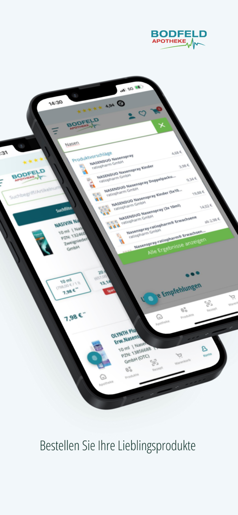 Bodfeld Apotheke e.K. - Zwei Smartphones, die die Such- und Produktauswahloberfläche der Bodfeld Apotheke-App anzeigen