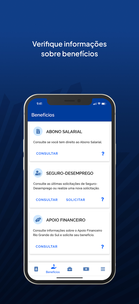 Interface do aplicativo Carteira de Trabalho Digital mostrando a tela de benefícios com opções para abono salarial e seguro-desemprego.