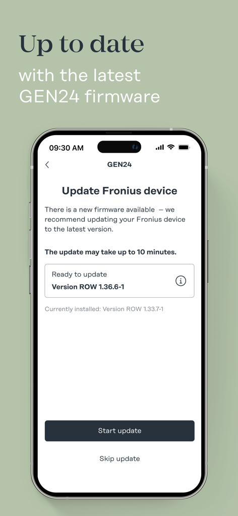 Fronius Solar.start app interface showing a firmware update screen for a GEN24 solar inverter