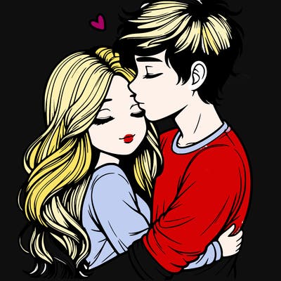 a realistic couple boy and girl hugging and kissing