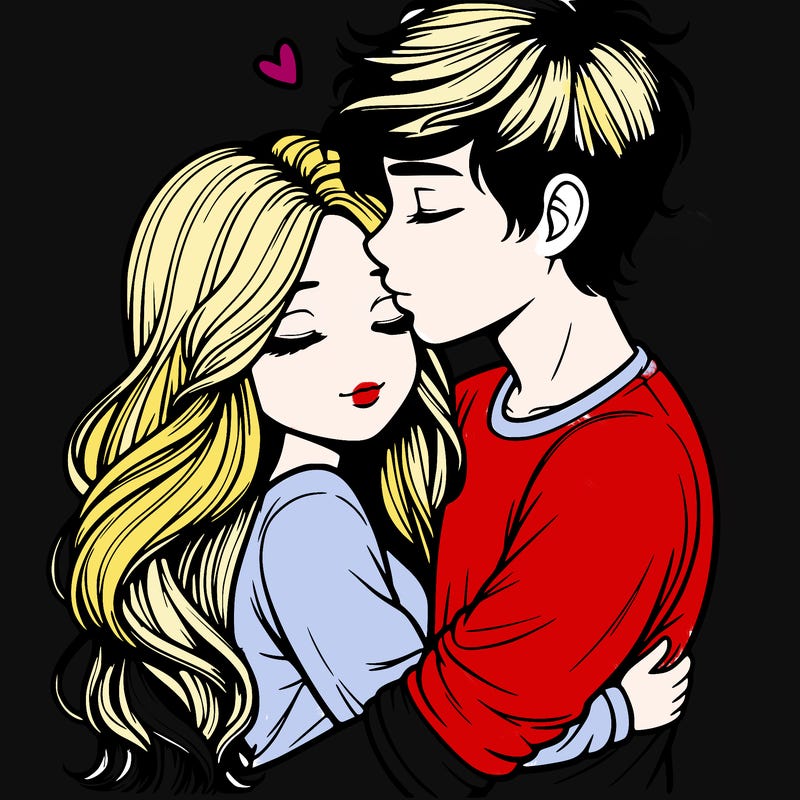 a realistic couple boy and girl hugging and kissing