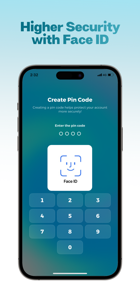 Oberfläche, die Face ID biometrische Sperre und PIN-Code-Einrichtung für erweiterten Kontoschutz zeigt.