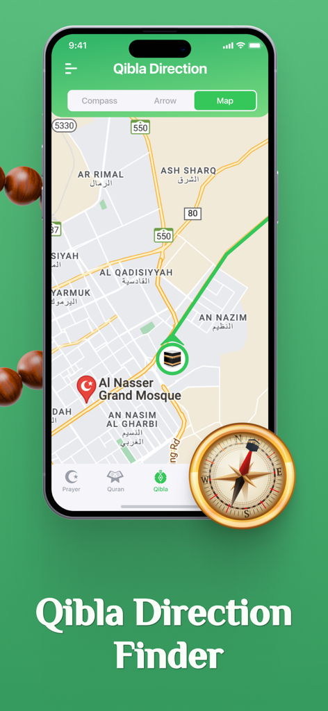 Écran de smartphone montrant le chercheur de direction Qibla avec une carte interactive et une boussole