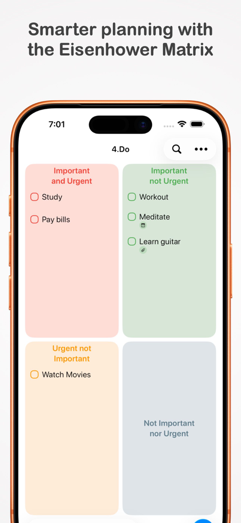 4.Do - Task, To do, Goal list - Interfaz de la aplicación 4.Do mostrando la priorización de tareas utilizando la Matriz de Eisenhower de cuatro cuadrantes