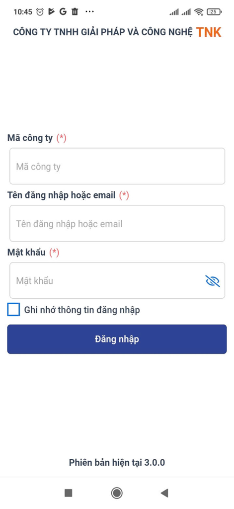 Hệ thống Chấm công - Login screen of the Vietnamese-language He thong Cham cong timekeeping app showing fields for company code and credentials