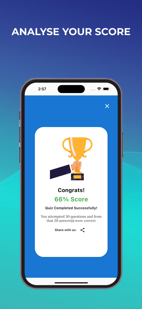 TOEFL Practice 2024 - A smartphone displaying a quiz result screen for the TOEFL Practice app showing a sixty-six percent score and a gold trophy icon.