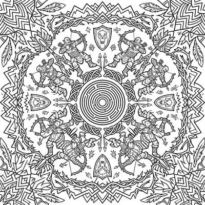 Journey into a fantastical realm with this mesmerizing Orc Archer Mandala coloring page, featuring fierce warriors in a beautifully symmetrical design. Perfect for fantasy art enthusiasts looking for an engaging and intricate coloring challenge.