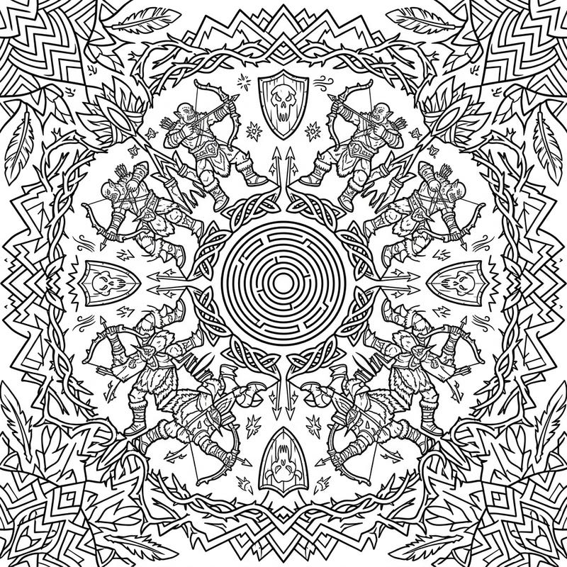 Journey into a fantastical realm with this mesmerizing Orc Archer Mandala coloring page, featuring fierce warriors in a beautifully symmetrical design. Perfect for fantasy art enthusiasts looking for an engaging and intricate coloring challenge.