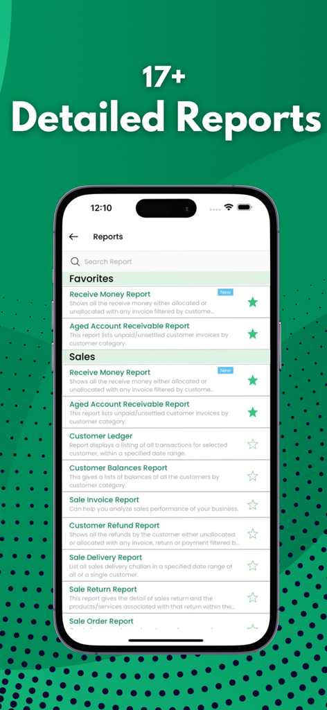 Inventory and Accounting app - Un teléfono móvil mostrando una lista de informes de negocio en la aplicación Splendid Accounts, incluyendo ledgers de ventas y clientes.