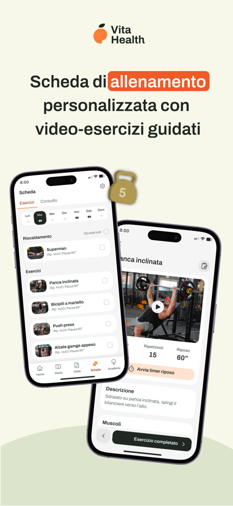 Vita Health - Schermate dell'app Vita Health che mostrano un piano di allenamento personalizzato ed esercizi guidati da video su iPhone.